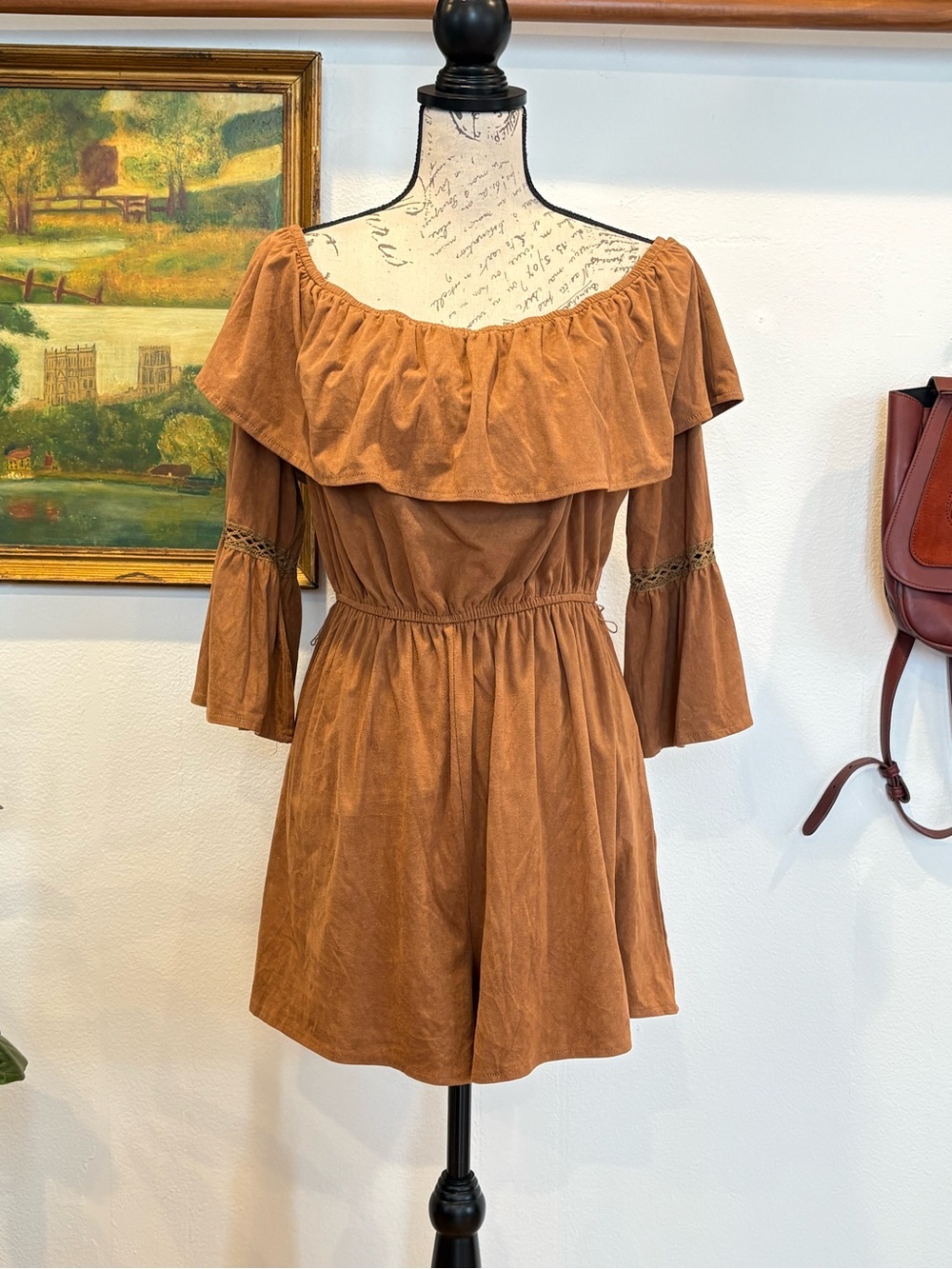 Rockin’ C Faux Suede Off Shoulder Bell Sleeve Romper Boho Western